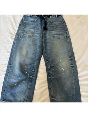 Free People Distressed Blue Barrel Jeans with Paint Details